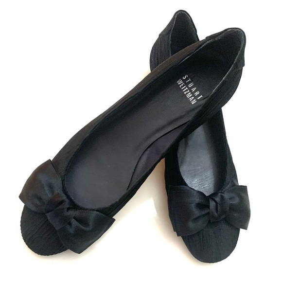STUART WEITZMAN Fabric and Satin Bow Accents Ballet Flats, black